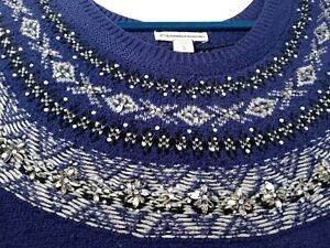 1x Coldwater Creek Fair Isle Sweater  Bejeweled Blue Black White Evening 