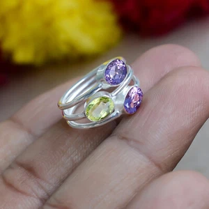 Anillo de joyería de piedras preciosas múltiples amatista, peridoto anillo hecho a mano de plata esterlina 925 - Imagen 1 de 8