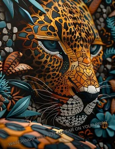 Exotic Indian Leopard Big Cat Blue Eyes Jungle Flowers Giclée Art Print 8.5x11 - Picture 1 of 2