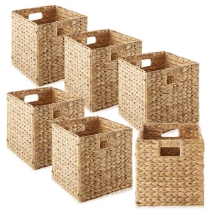 Set of 6 Hyacinth Storage Cubes, 10.5" Wicker Basket Bins for Shelves, Natural - Picture 1 of 7
