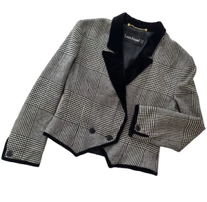 Vintage 1980's LOUIS FERAUD Houndstooth Jacket Blazer Velvet Trim M 10 US Black - Picture 1 of 24