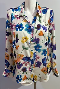 Philosophy Women XL Top Shirt Blouse Satin Cream Blue Floral New NWT - Picture 1 of 6