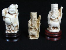 Vintage Chinese Molded Resin Cast Hand Carved On Wooden Stand Figurines