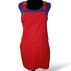 Forever 21 Overalls Mini Dress Size L Red Pockets 34" Waist Festival Cottage NEW - Picture 1 of 15