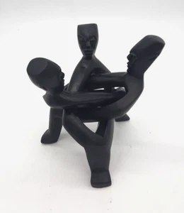 Vintage Black Hand Carved Wooden African Trio Of Men Circle Of Unity Sculpture - Picture 1 of 8