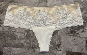NWT VICTORIA'S SECRET SEDUCTION LARGE WHITE NUDE LACE UP MESH RARE THONG PANTIES - Picture 1 of 8