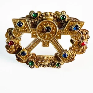 Antique Victorian Jeweled Rhinestone Brass Sash Pin Etruscan Revival Czech? - Picture 1 of 6