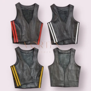 Men's Real Leather Bartender Vest Leather Vest Front Open Vest In 4 line colors - Picture 1 of 2
