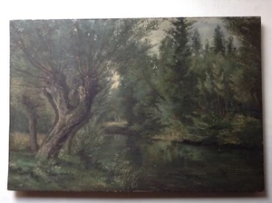 19th Century Barbizon Original French Oil Painting Landscape River in the Woods - Picture 1 of 7