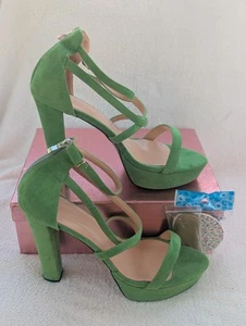 Size 12.5 Women's (10.5 Men's) Green Platform Strappy Block Heel Sandal Shoes - Picture 1 of 7