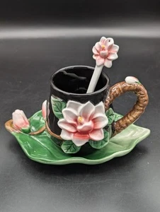 Corner Ruby Botanical Collection Cup, Leaf Saucer and Matching Floral Spoon LNC - Picture 1 of 16