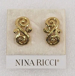 Vintage NINA RICCI Ohrclips Wirbel Schnörkelarbeit gehämmert goldfarben - Bild 1 von 9