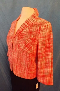 TALBOTS Petite Red White Twill Plaid Linen Blend Cropped Blazer Jacket 8 8P NWT - Picture 1 of 11