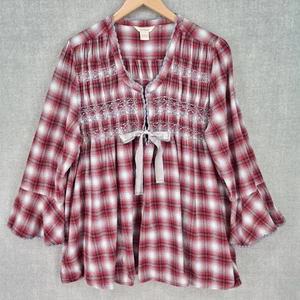 Camisa Sundance Mujer Mediana Roja A Cuadros Encaje Borde Boho Túnica Campesina Top - Imagen 1 de 20