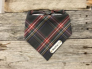 Dog Bandana, Scottish Tartan Christmas, White Leather Personalized Name Tag, Dog - Picture 1 of 6