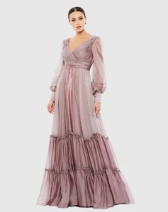 Mac Duggal langes Chiffonkleid Wickeloptik Stufen Rüschen Gr. 14 Mokka neu mit Etikett $ 598 - Bild 1 von 6