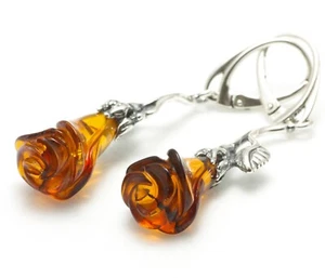 NATURAL BALTIC AMBER STERLING SILVER 925 Earrings Rose Droop Dangle Certified - Picture 1 of 11
