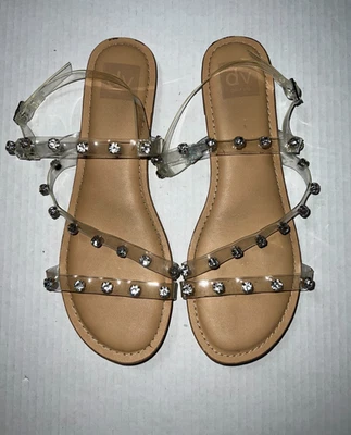 DOLCE VITA Clear Silver Studded RHINESTONE CRYSTAL TAN STRAPPY Sandal SZ 9 1/2 - Image 1 of 4
