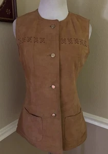 70s VTG Camel Suede Vest Long Fit Button Front Braid Accents M - Picture 1 of 5