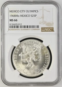 1968 MEXICO SILVER 25 PESOS S25P OLYMPICS NGC MS66 BEAUTIFUL Type 1 -As Pictured - Picture 1 of 2