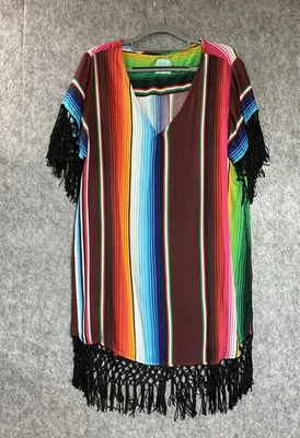 Judith March Dress Womens Large Serape Stripe Fringe Boho Festival Southwestern - Image 1 of 4