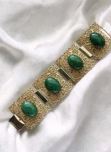 Vtg Mid Century Green Stone Cabochons Goldtone Filigree Panels Wide Bracelet  - Picture 1 of 17