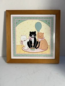 Vintage Tile Trivet Wall Hanging Three Kitties Cat 1980s Wood Frame Cottagecore - Picture 1 of 13