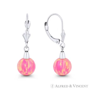 Royal Pink Lab-Created Opal Ball 14k White Gold Leverback Drop Dangling Earrings - Picture 1 of 7