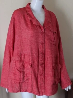 FLAX 1G 1x 2x Strawberry Red Lagenlook Linen Gauze Art-to-Wear Blazer Jacket  - Image 1 of 4