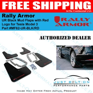 Rally Armor UR Black Mud Flaps with Red Logo for 2017-2024 Tesla Model 3 - Picture 1 of 6