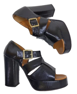 6.5 Sandal Platform Vtg 70s Black Crinkle Patent Leather Block Heel Disco Italy - Image 1 of 4