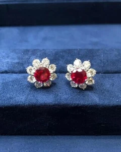 2.50TCW Round Lab Grown Ruby/Diamond Stud Earrings For Christmas 14k White Gold - Picture 1 of 15