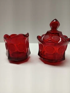 Crema para monedas de vidrio rojo y tarro de azúcar con tapa, Fostoria - Imagen 1 de 8