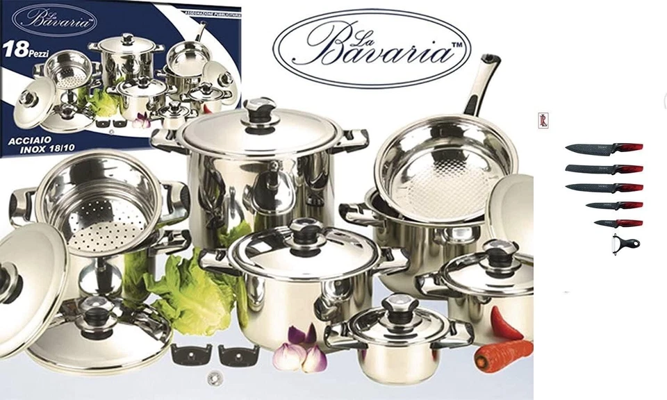Batteria Pentole Bavaria 23 Pezzi Acciaio/Inox 18/10 con Set 5 Coltelli  Argento - Immagine 1 di 2