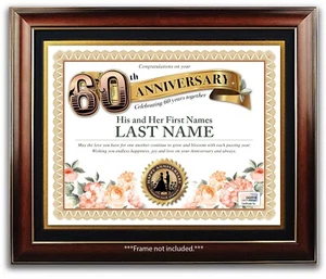 PERSONALIZED HAPPY 60th WEDDING ANNIVERSARY CERTIFICATE - Flowers Roses GIFT - Picture 1 of 2