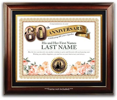 CERTIFICADO PERSONALIZADO FELIZ 60 ANIVERSARIO BODA - Flores Rosas REGALO Foto 1 de 2