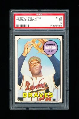 1969 OPC BASEBALL 128 TOMMIE AARON PSA 5 EXCELLENT BRAVES POP 2 - Image 1 of 3