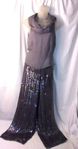 Neil Bieff Silver Sequin Palazzo Pants 28/30 & Silk Top (M) STUNNING OUTFIT - Picture 1 of 9