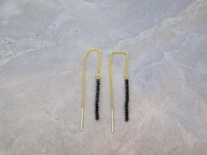 Black Tourmaline Faceted Tiny Beads Gold Plated Dangle Drop Threader Earrings - Picture 1 of 8