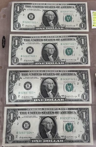 4 consecutive serial number $1 bills CRISP uncirculated B 02937321 * to 24 * - Picture 1 of 3
