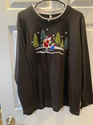 Moletom de Natal veado branco XL Papai Noel preto bordado lantejoulas feriado - Imagem 1 de 4