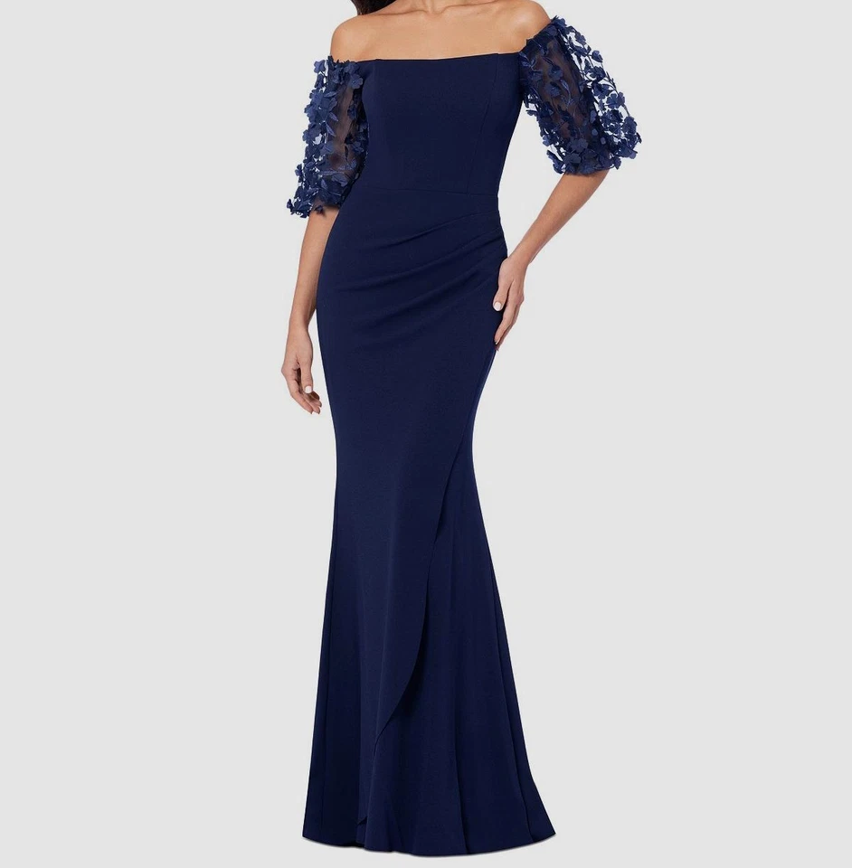 Xscape Womens Blue Off-The-Shoulder Balloon-Sleeve Mermaid Dress Size 12