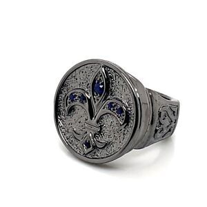 925 Sterling Silver Black Rhodium Sapphire Fleur De Lis Signet Ring Sz 10
