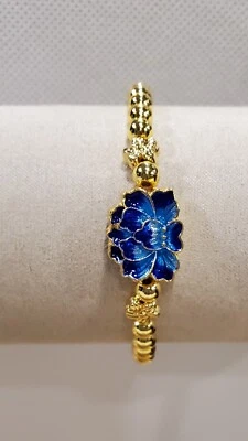 Brazalete con cuentas de flor de loto enchapado en oro de 18 quilates azul y oro. Pulsera individual Foto 1 de 4