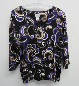 CHICO'S TOP TEE WOMENS 3 L LARGE BLACK PURPLE BEIGE SWIRLS V-NECK 3/4 SLEEVE - Picture 1 of 8