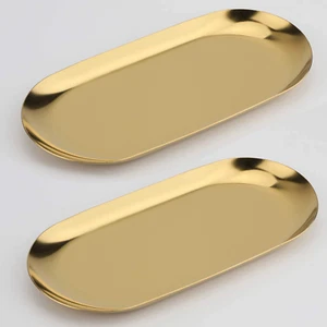 Gold Stainless Steel Decorative Tray Set of 2 - 7 Inch Oval Storage Dish - Picture 1 of 16