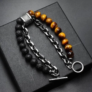 Fashion Gemstone Tiger Eye Stone Lava Beads Black Chain Bracelets for Men Women - Picture 1 of 11