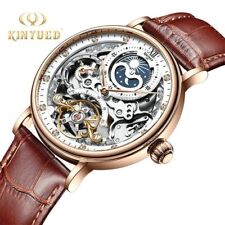 Mens Dual Time Automatic Mechanical Watch Rose Gold Black Dial Leather + Box
