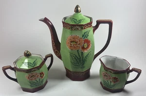 Antikes Hinode Moriage Teekanne Set handbemalt grün rot Blumen - Made in Japan - Bild 1 von 15