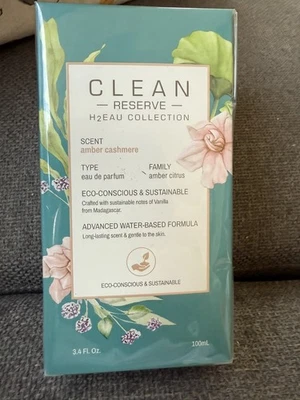 NUEVO Clean Reserve H2EAU Collection Ámbar Cashmere Eau de Parfum Spray 3.4oz, Nuevo en Caja Foto 1 de 3